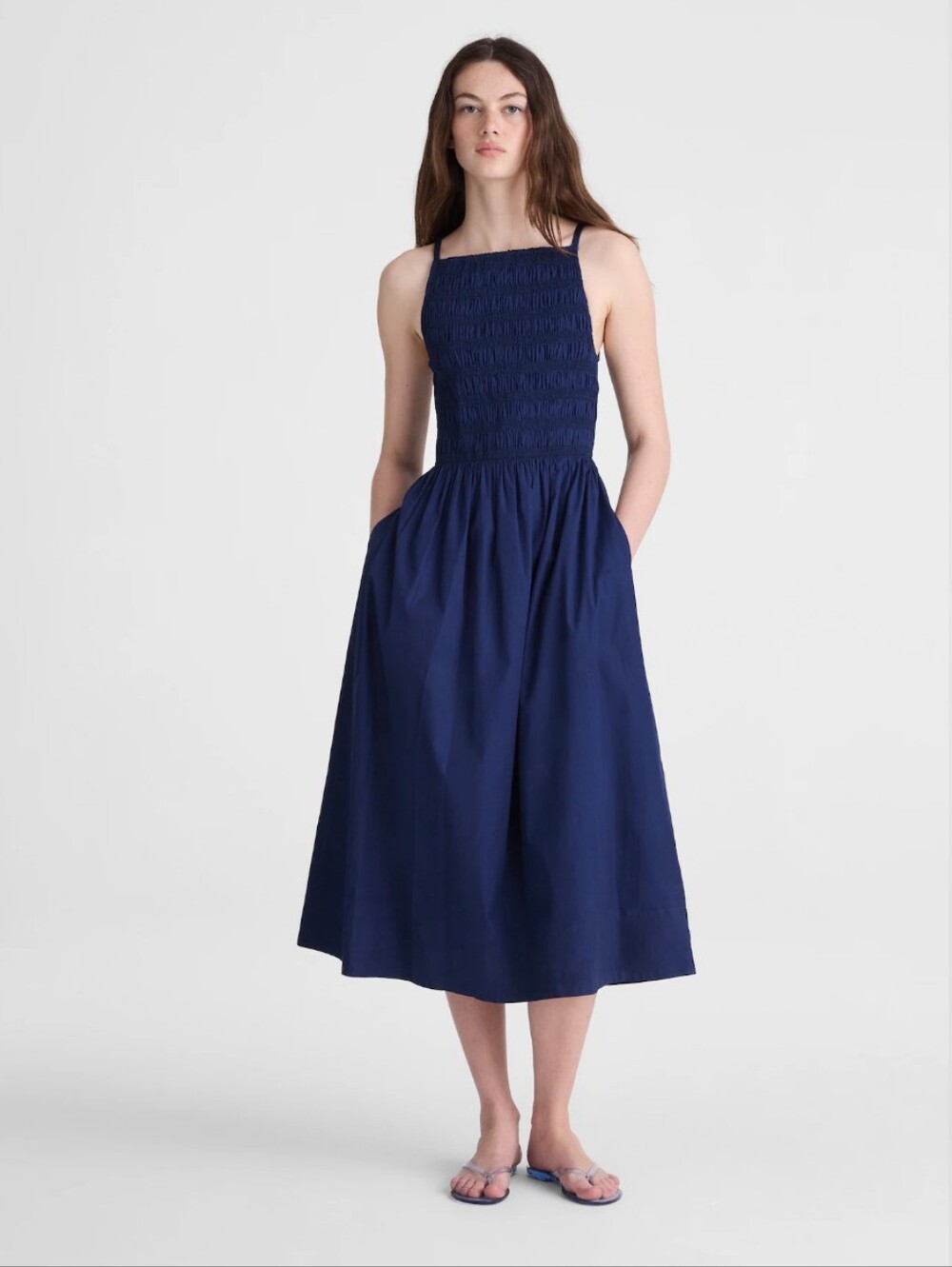 Madewell Smocked High-Neck Midi Dress OA323 Size XL Indigo $168 Retail